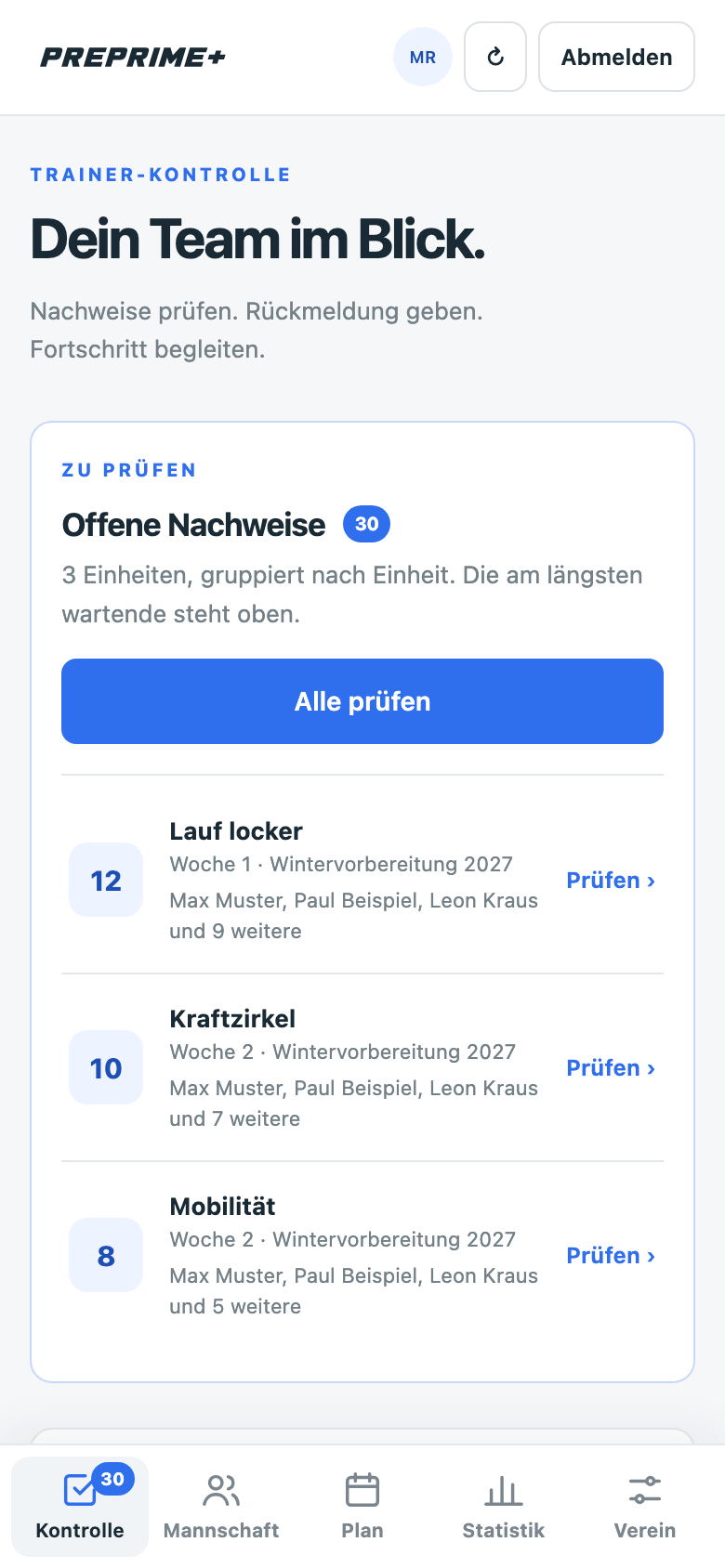 Traineransicht: offene Nachweise gruppiert nach Einheit mit Button „Alle prüfen“